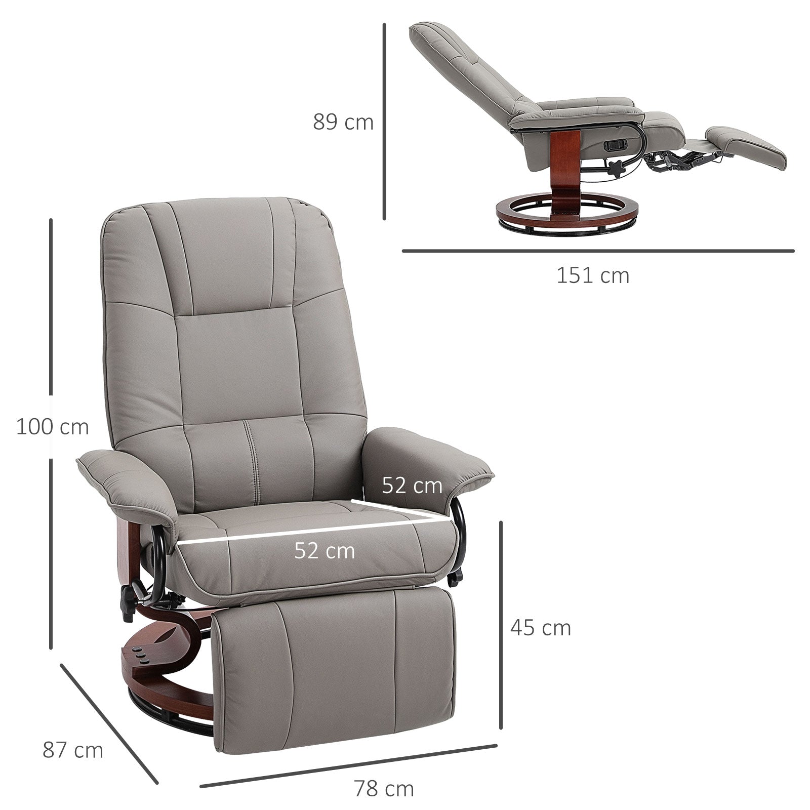 HOMCOM 360° Swivel Recliner Chair with Footstool, Manual Recliner Armchair with Wooden Base, Faux Leather Upholstered Reclining Chair for Living Room, Bedroom, Office, Grey